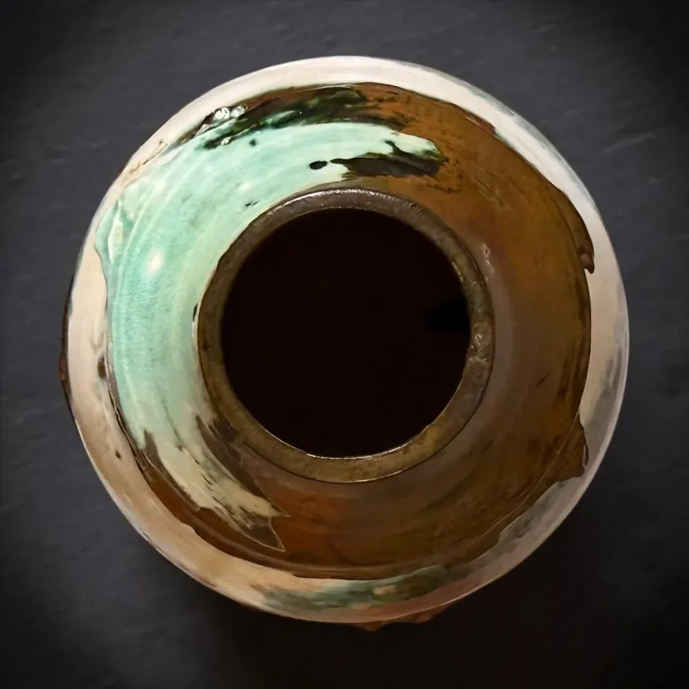 Artisan Ceramic Vase Handcrafted Fired Glazed Brown Cream Mint Green Signed